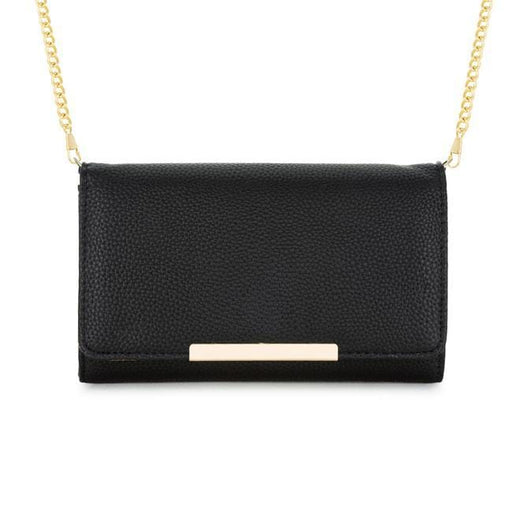 Laney Black Pebbled Faux Leather Clutch With Gold Chain Strap Clutches JGI   