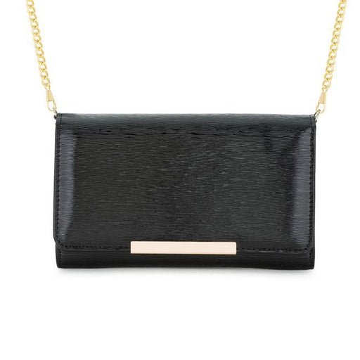 Laney Black Textured Faux Leather Clutch With Gold Chain Strap Clutches JGI   