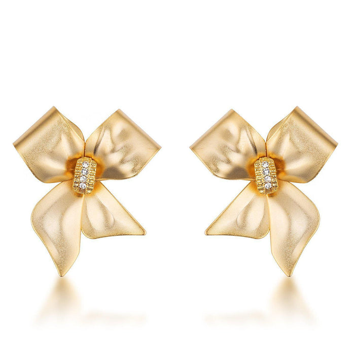 18k Matte Gold Plated Crystal Accented Bow Earrings Earrings JGI   