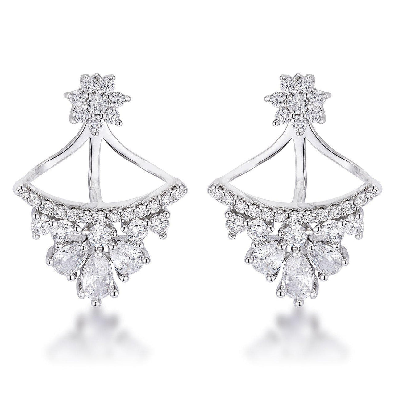2Ct Rhodium Plated CZ Floral Stud Chandelier Illusion Ear Jacket Earrings JGI   