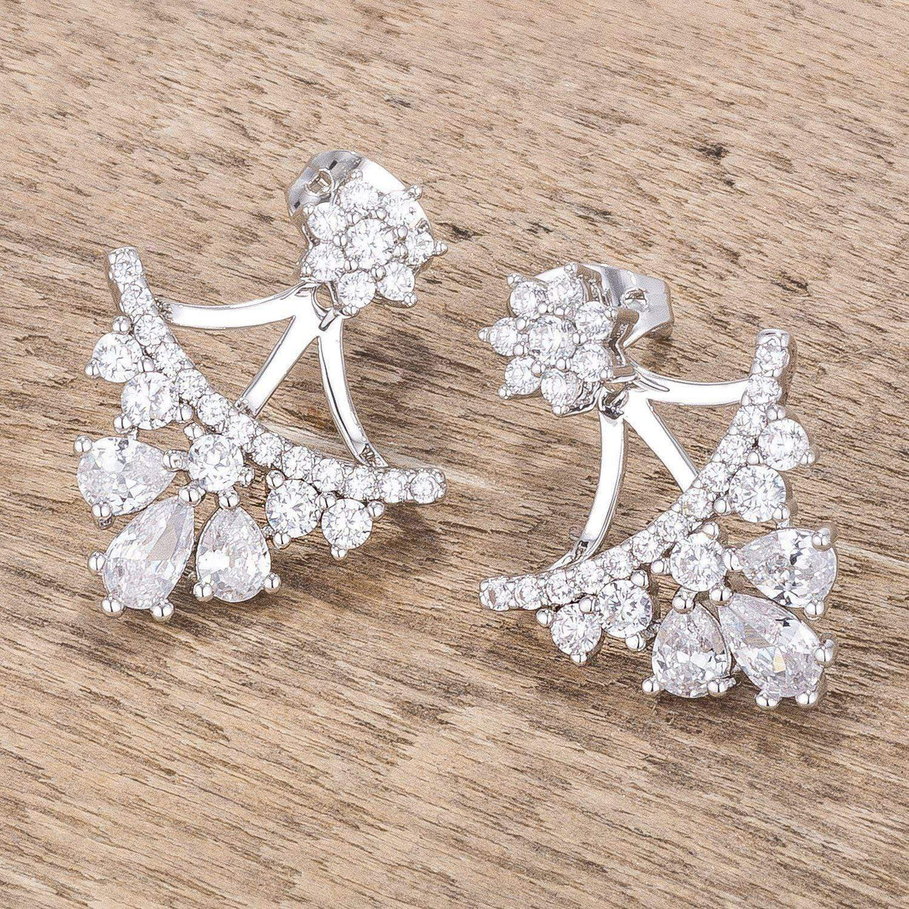 2Ct Rhodium Plated CZ Floral Stud Chandelier Illusion Ear Jacket Earrings JGI   