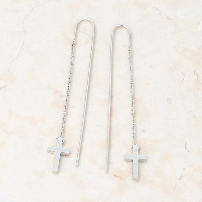 Marylou Rhodium Stainless Steel Cross Threaded Drop Earrings Earrings JGI   