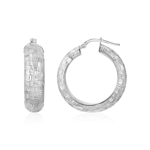 Checker board Motif Textured Domed Hoop Earrings in Sterling Silver Earrings Angelucci Jewelry   