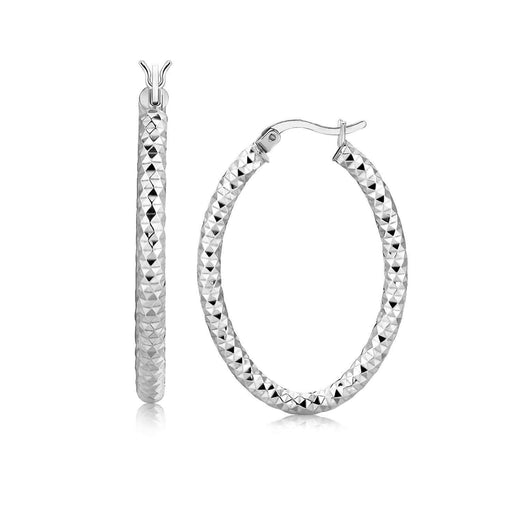 Sterling Silver Diamond Cut Textured Oval Hoop Earrings with Rhodium Plating Earrings Angelucci Jewelry   