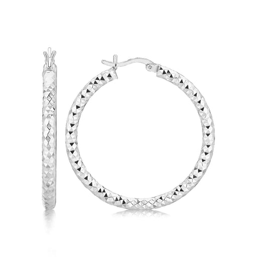Sterling Silver Faceted Motif Large Hoop Earrings with Rhodium Plating Earrings Angelucci Jewelry   