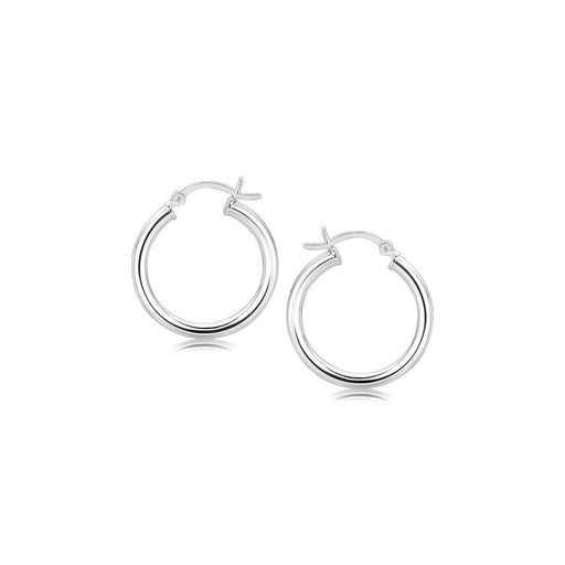 Sterling Silver Polished Hoop Motif Earrings with Rhodium Plating (20mm) Earrings Angelucci Jewelry   