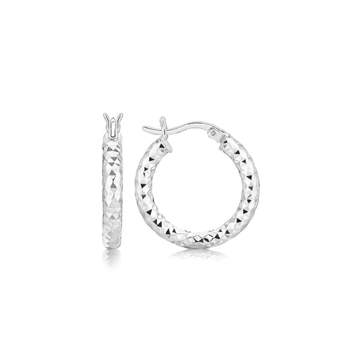 Sterling Silver Polished Rhodium Plated Faceted Hoop Style Earrings Earrings Angelucci Jewelry   