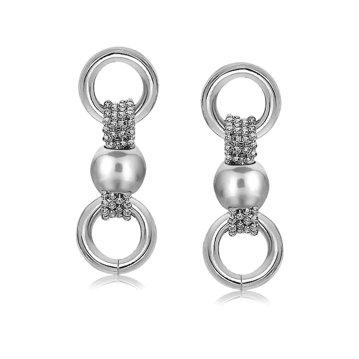 Sterling Silver Rhodium Plated Bead Chain Earrings with Rings and Barrel Motifs Earrings Angelucci Jewelry   