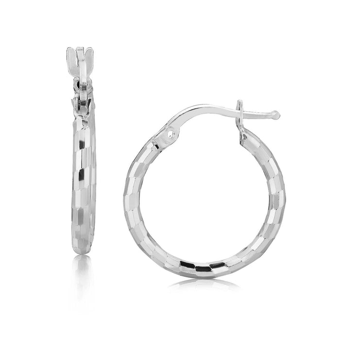 Sterling Silver Rhodium Plated Diamond Cut Small Hoop Earrings (15mm) Earrings Angelucci Jewelry   