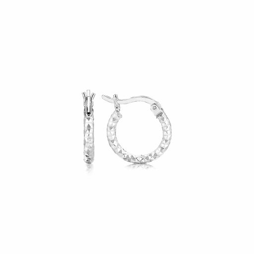 Sterling Silver Rhodium Plated Faceted Design Small Hoop Earrings Earrings Angelucci Jewelry   
