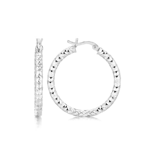 Sterling Silver Rhodium Plated Faceted Style Medium Hoop Earrings Earrings Angelucci Jewelry   