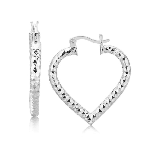 Sterling Silver Rhodium Plated Heart Style Hoop Diamond Cut Earrings Earrings Angelucci Jewelry   