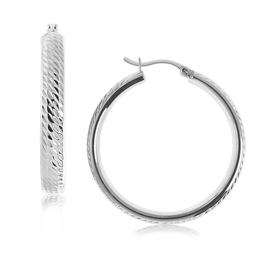 Sterling Silver Rhodium Plated Hoop Marquise Motif Diamond Cut  Earrings (30mm) Earrings Angelucci Jewelry   