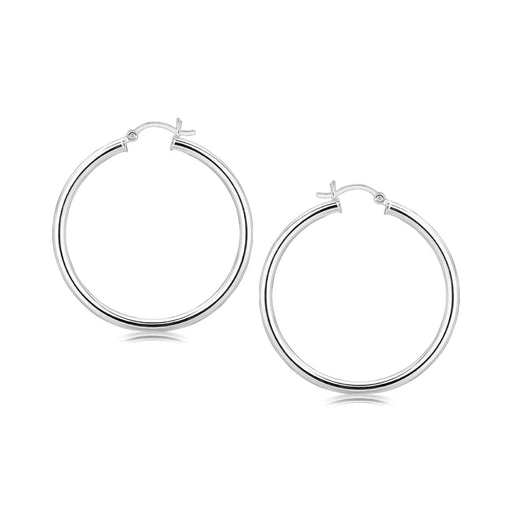 Sterling Silver Rhodium Plated Large Polished Classic Hoop Earrings (40mm) Earrings Angelucci Jewelry   