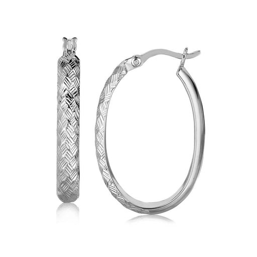 Sterling Silver Rhodium Plated Oval Hoop Woven Motif Diamond Cut Earrings Earrings Angelucci Jewelry   
