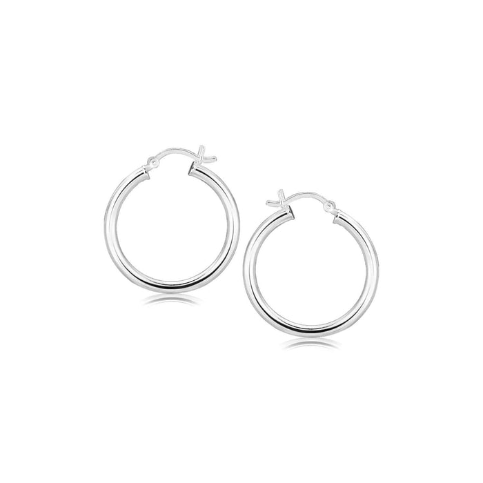 Sterling Silver Rhodium Plated Polished Look Hoop Earrings (25mm) Earrings Angelucci Jewelry   