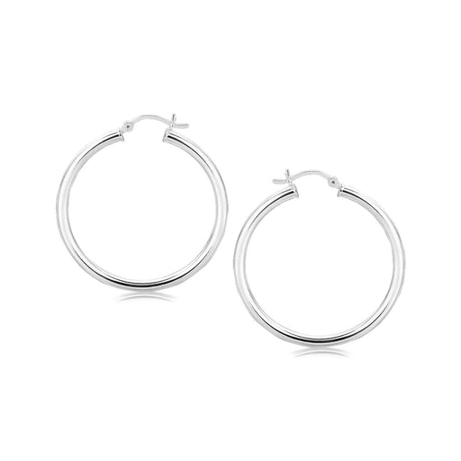Sterling Silver Rhodium Plated Polished Motif Hoop Earrings (35mm) Earrings Angelucci Jewelry   