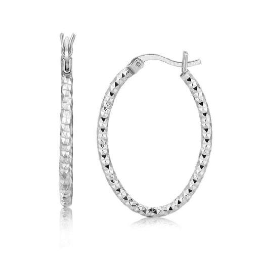 Sterling Silver Rhodium Plated Textured Diamond Cut Oval Hoop Earrings Earrings Angelucci Jewelry   