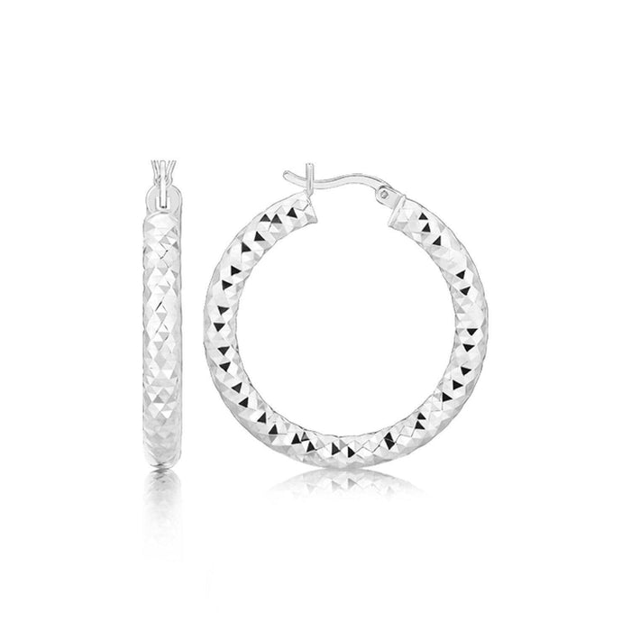 Sterling Silver Rhodium Plated Thick Faceted Style Hoop Earrings Earrings Angelucci Jewelry   