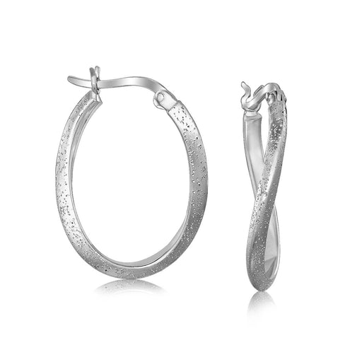 Sterling Silver Rhodium Plated Twist Oval Hoop Earrings with Texture Earrings Angelucci Jewelry   