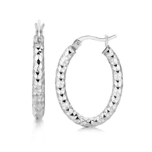 Sterling Silver Thick Hoop Diamond Cut Textured Earrings with Rhodium Plating Earrings Angelucci Jewelry   