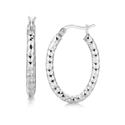 Sterling Silver Thick Oval Motif Hoop Diamond Cut Earrings with Rhodium Plating Earrings Angelucci Jewelry   