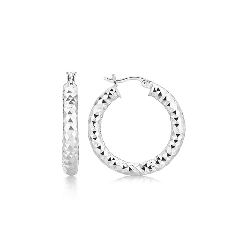 Sterling Silver Thick Rhodium Plated Faceted Design Hoop Earrings Earrings Angelucci Jewelry   