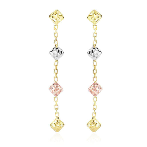 14k Tri-Color Gold Diamond Shape with Diamond Cuts Chain Dangling Earrings Earrings Angelucci Jewelry   