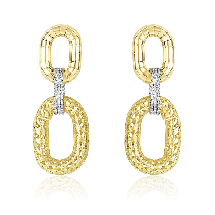 14k Two-Tone Gold Diamond Cut Texture Oval Shape Drop Earrings Earrings Angelucci Jewelry   