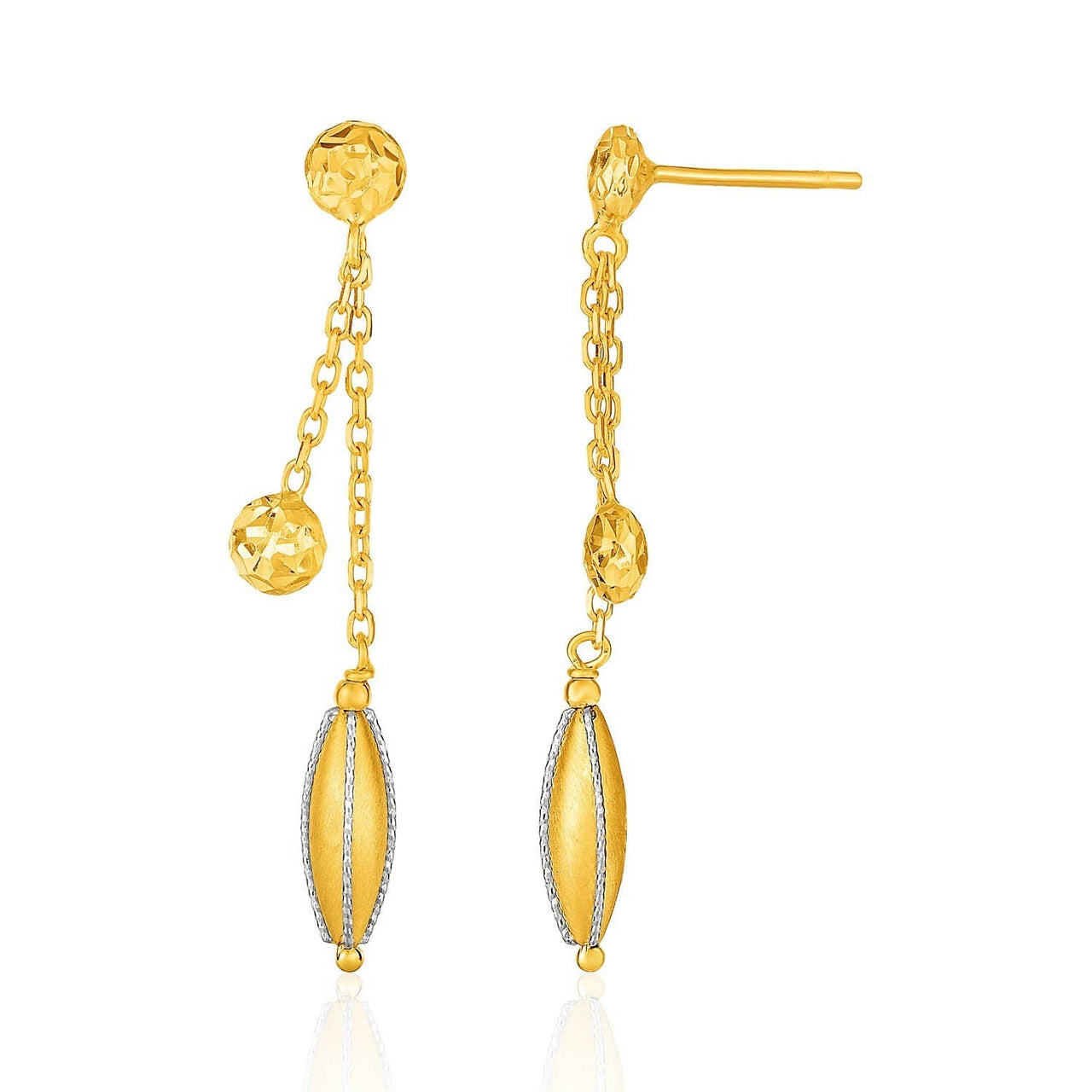 14k Two Tone Gold Puffed Marquise Motif and Textured Circle Drop Post Earrings Earrings Angelucci Jewelry   