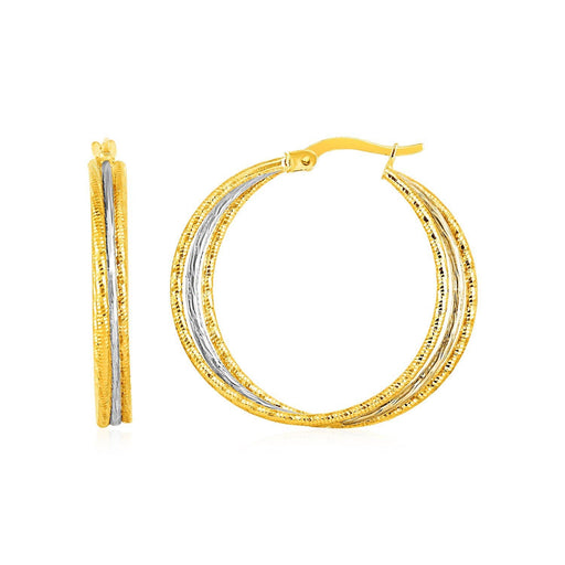 Three Part Textured Hoop Earrings in 14k Yellow and White Gold Earrings Angelucci Jewelry   