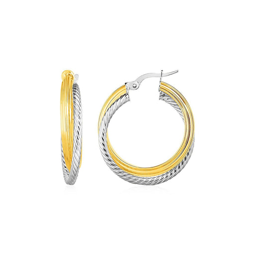 Two Part Textured and Shiny Hoop Earrings in 14k Yellow and White Gold Earrings Angelucci Jewelry   