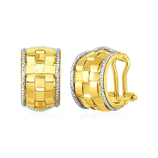 Wide Hoop Earrings with Basket Weave Texture in 14k Yellow and White Gold Earrings Angelucci Jewelry   