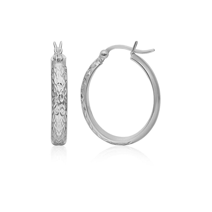 14k White Gold Hammered Oval Hoop Earrings Earrings Angelucci Jewelry   