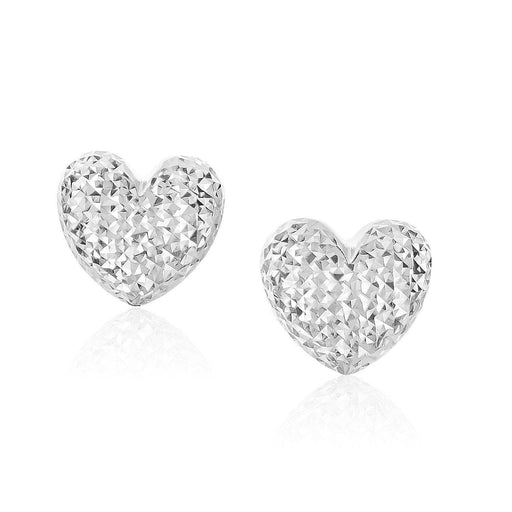 14k White Gold Puffed Heart Earrings with Diamond Cuts Earrings Angelucci Jewelry   