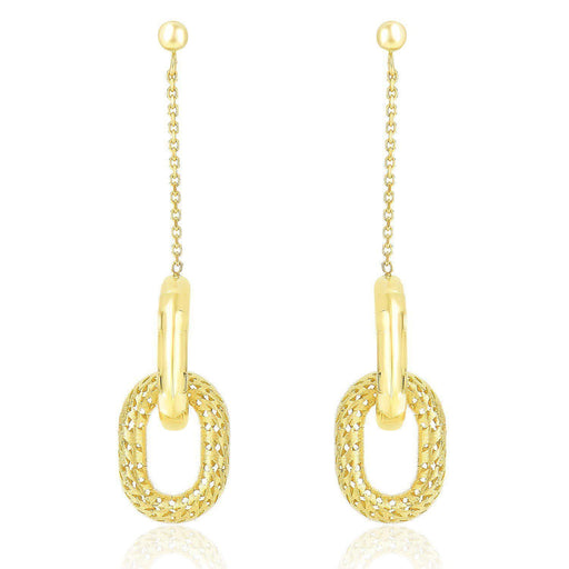 14k Yellow Gold Chain and Oval Motif Weave Style Dangling Earrings Earrings Angelucci Jewelry   