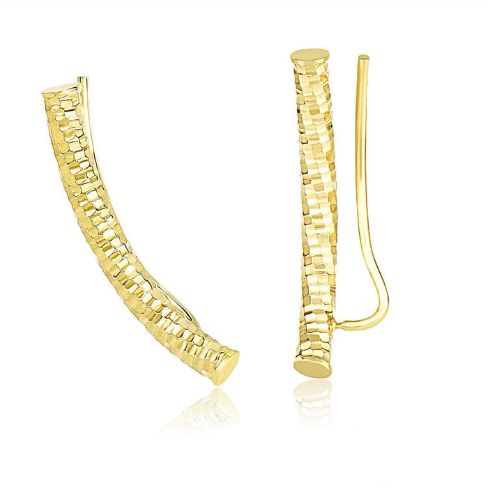 14k Yellow Gold Curved Tube Earrings with Diamond Cuts Earrings Angelucci Jewelry   