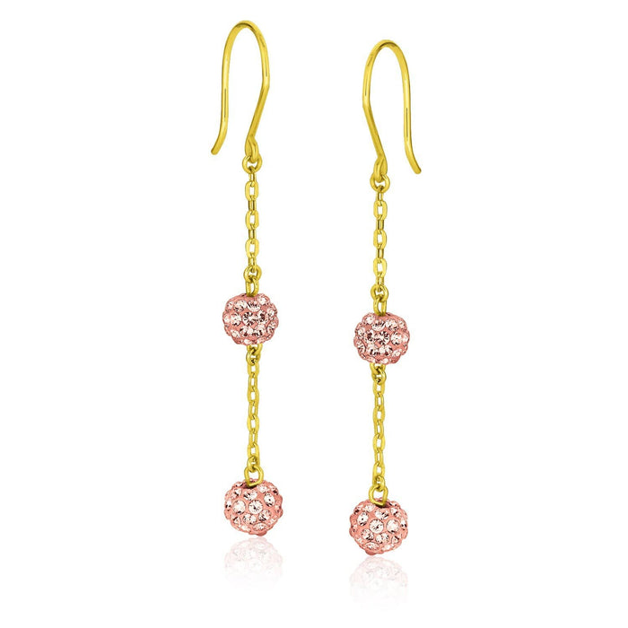 14k Yellow Gold Dangling Pink Tone Crystal Ball Earrings Earrings Angelucci Jewelry   