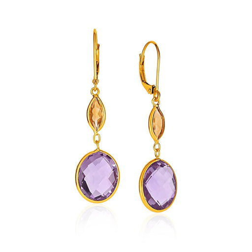 14k Yellow Gold Drop Earrings with Citrine and Amethyst Briolettes Earrings Angelucci Jewelry   