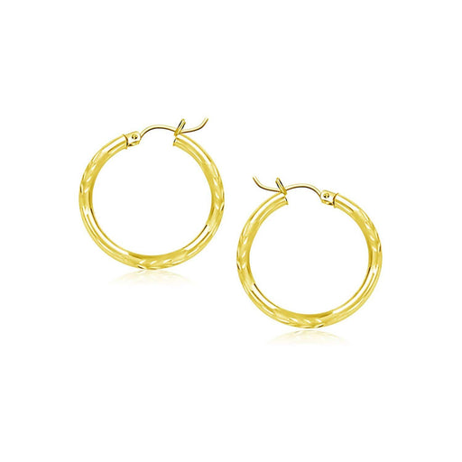 14k Yellow Gold Fancy Diamond Cut Slender Small Hoop Earrings (15mm Diameter) Earrings Angelucci Jewelry   
