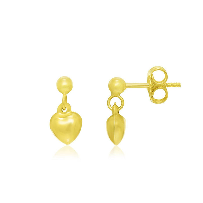 14k Yellow Gold Puffed Heart Children's Dangling Earrings Earrings Angelucci Jewelry   