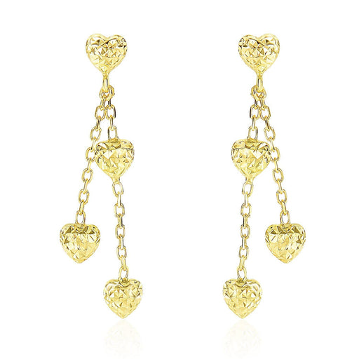 14k Yellow Gold Puffed Heart Diamond Cut Chain Dangling Earrings Earrings Angelucci Jewelry   