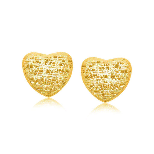 14k Yellow Gold Puffed Heart Motif Lace Stud Earrings Earrings Angelucci Jewelry   