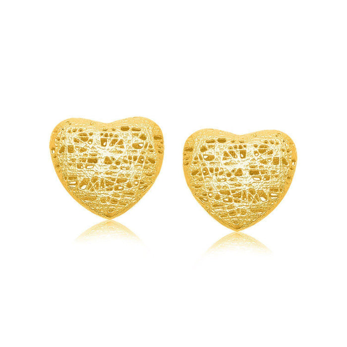 14k Yellow Gold Puffed Heart Motif Lace Stud Earrings Earrings Angelucci Jewelry   