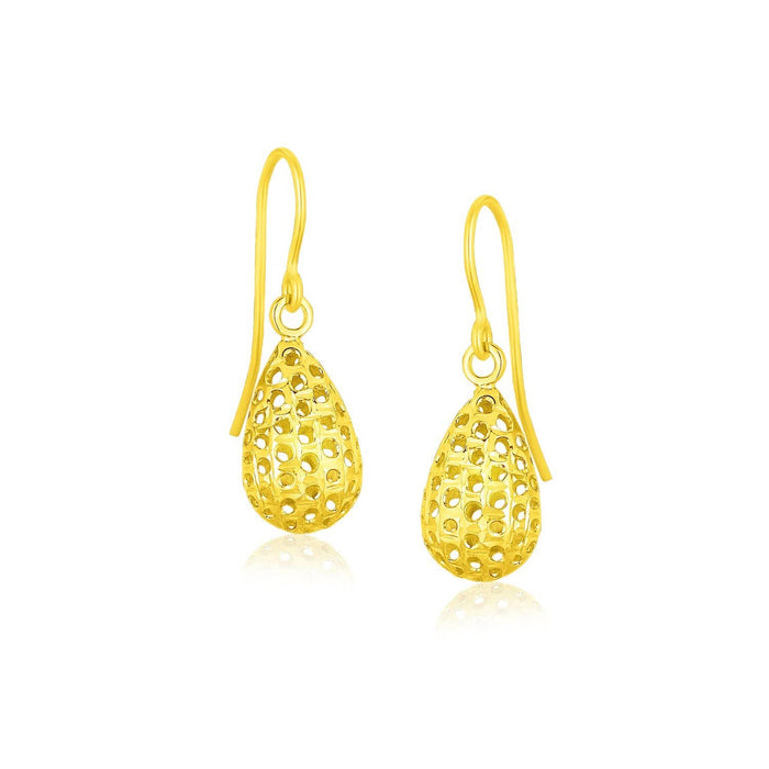 14k Yellow Gold Teardrop Drop Earrings with Honeycomb Texture Earrings Angelucci Jewelry   