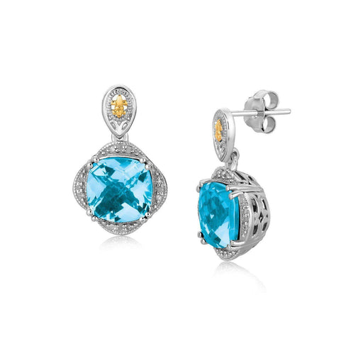 18k Yellow Gold and Sterling Silver Blue Topaz and Diamond Earrings Earrings Angelucci Jewelry   