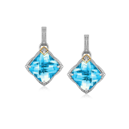 18k Yellow Gold and Sterling Silver Cushion Blue Topaz and Diamond Drop Earrings Earrings Angelucci Jewelry   