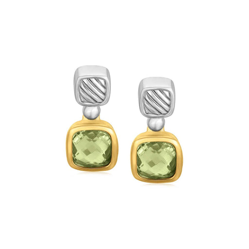 18k Yellow Gold and Sterling Silver Drop Earrings with Bezel Set Green Amethysts Earrings Angelucci Jewelry   