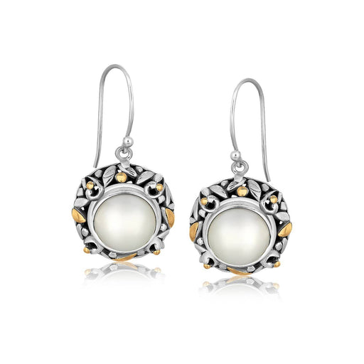 18k Yellow Gold and Sterling Silver Pearl Drop Earrings with Leaf Ornaments Earrings Angelucci Jewelry   