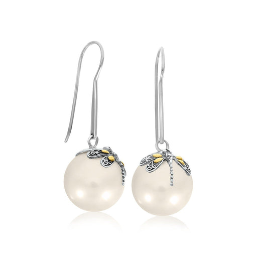 18k Yellow Gold & Sterling Silver Shell Pearl Earrings with Dragonfly Accents Earrings Angelucci Jewelry   